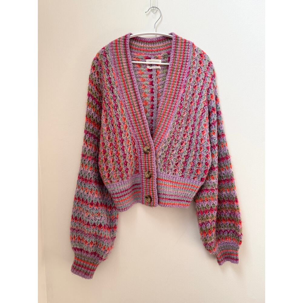 Urban Outfitters Nora Multicolored Cardigan Womens M Pink Purple Crochet Cropped - Picture 5 of 10